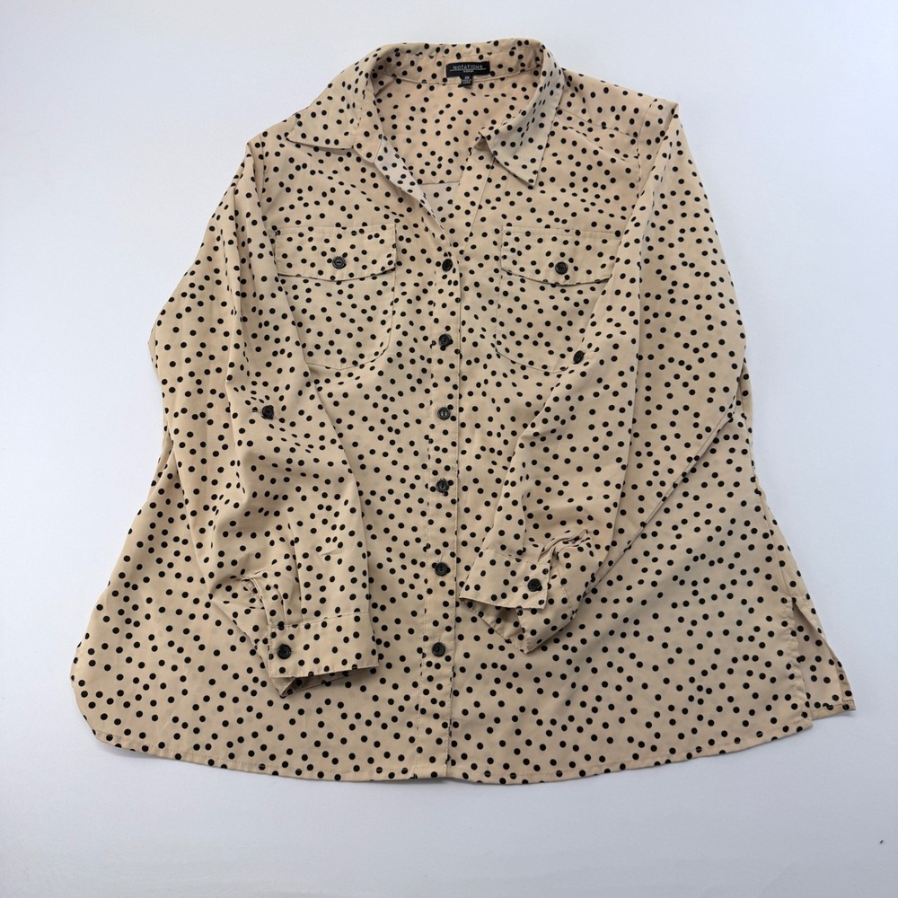 Notations Woman Tan Black Polka Dot Button Front Roll Tab Blouse 2X